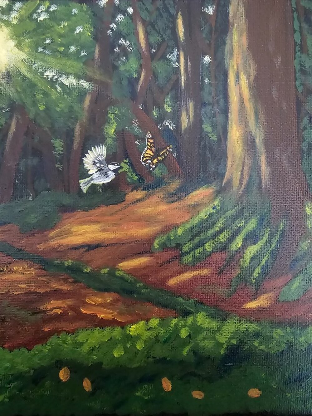 Whimsical folk art butterfly and chickadee acrylic mini painting impressionist